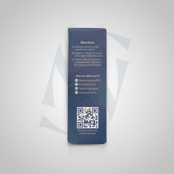 Blue skincare product packaging with text and QR code on a light gray background