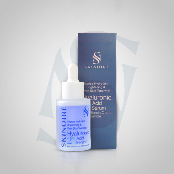 Skinoiri hyaluronic acid serum with dropper and packaging on a light gray background