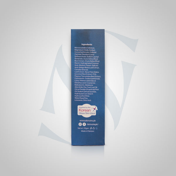 Blue skincare product packaging with white text on a light gray background