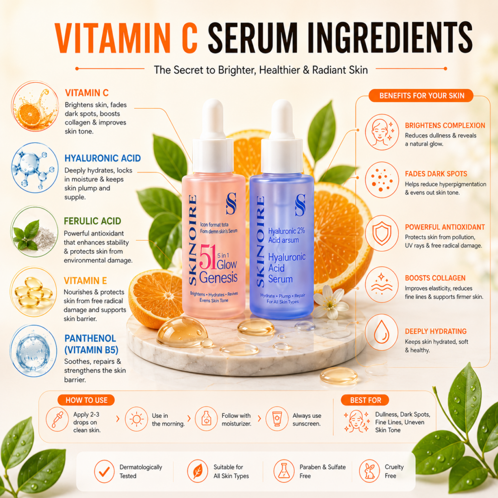 Infographic showing vitamin C serum ingredients' benefits, including hyaluronic acid, ferulic acid, and vitamin E.