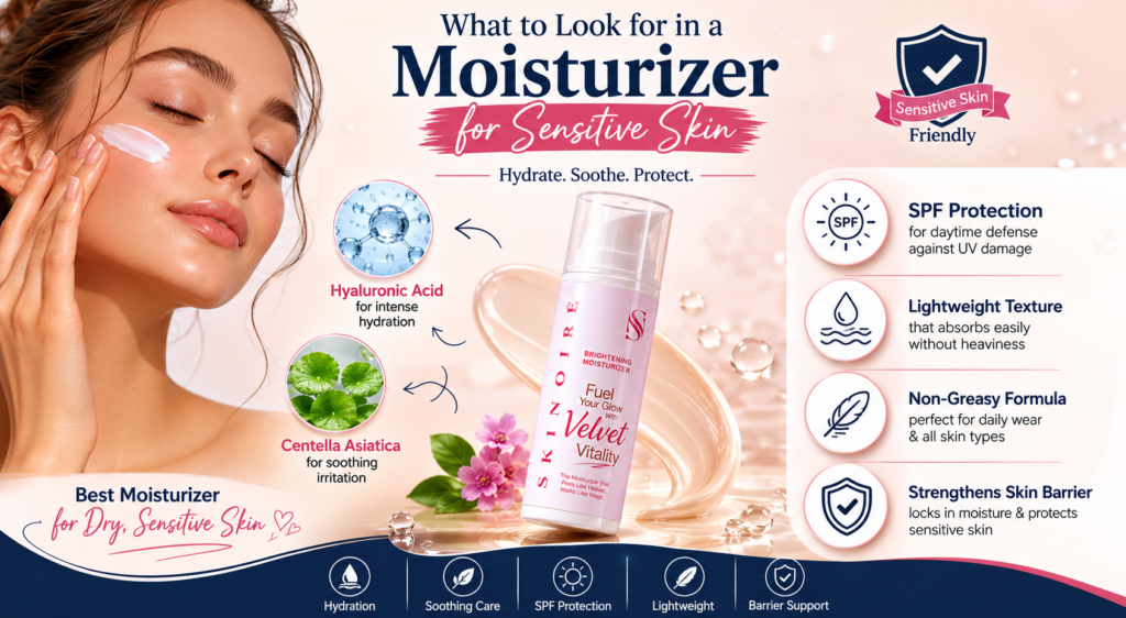 Moisturizer for sensitive skin featuring hyaluronic acid, Centella Asiatica, SPF protection, lightweight texture, and non-greasy hydration
