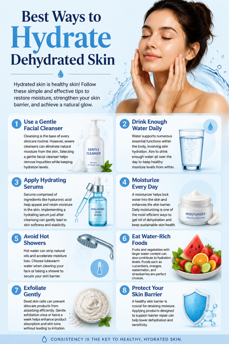 Infographic showing the best ways to hydrate dehydrated skin, including gentle cleansing, drinking water, using hydrating serums, moisturizing daily, eating water-rich foods, exfoliating gently, and protecting the skin barrier.