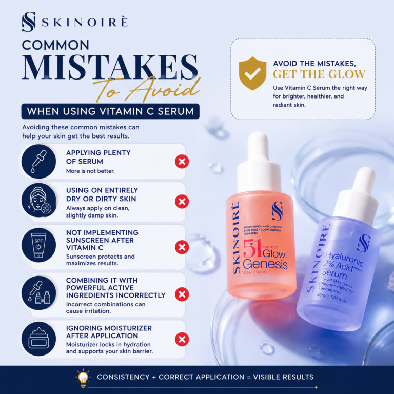 Skinoirè infographic showing common vitamin C serum mistakes to avoid, including overuse, skipping sunscreen, applying on dirty skin, and forgetting moisturizer