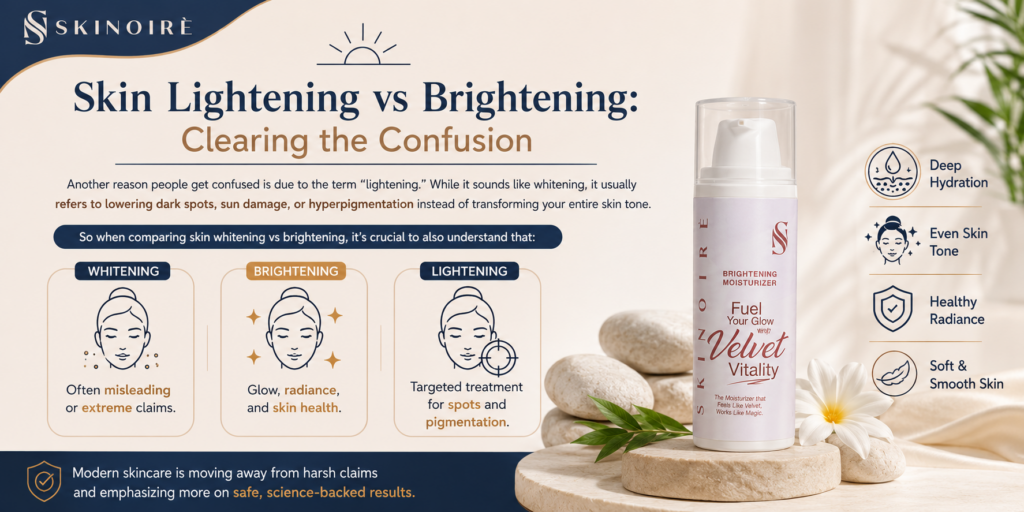 Skin lightening vs brightening infographic featuring Skinoiré Velvet Vitality Brightening Moisturizer and the difference between pigmentation treatment and skin radiance