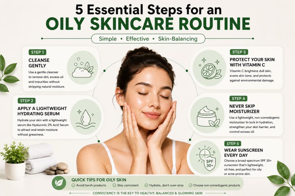 5 essential steps for an oily skin care routine infographic