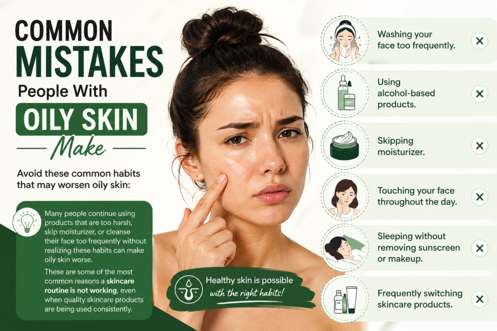 Common mistakes people with oily skin make, including over-cleansing, skipping moisturizer, and using harsh skincare products.