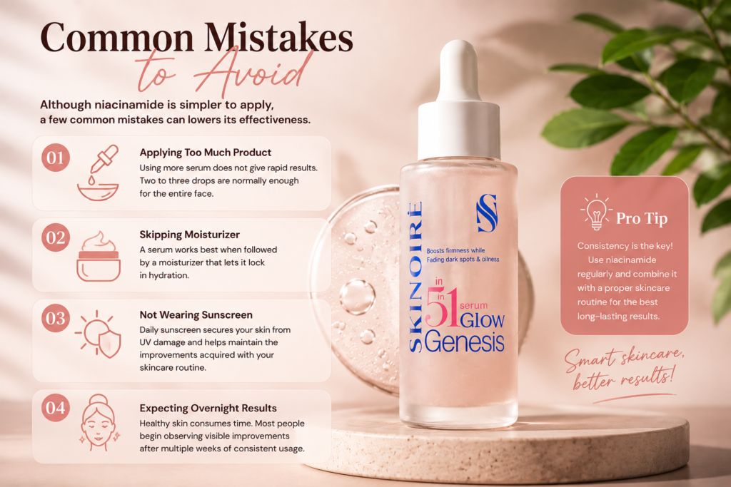 Infographic showing common niacinamide serum mistakes, including applying too much product, skipping moisturizer, not wearing sunscreen, and expecting overnight results.