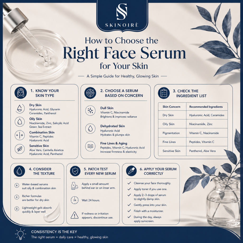Skinoire infographic explaining how to choose the right face serum based on skin type, concerns, and key skincare ingredients.