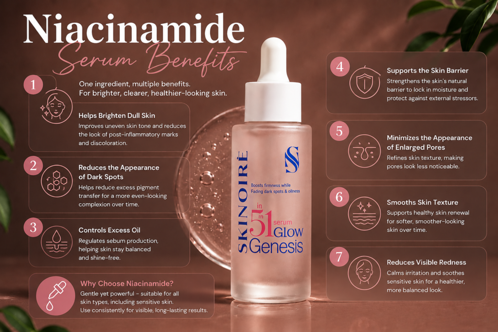 Infographic showing the top benefits of niacinamide serum, including brighter skin, dark spot reduction, oil control, pore refinement, and stronger skin barrier.