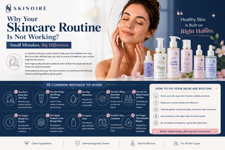 Infographic explaining why your skincare routine is not working and the 10 common skincare mistakes to avoid for healthy, glowing skin.