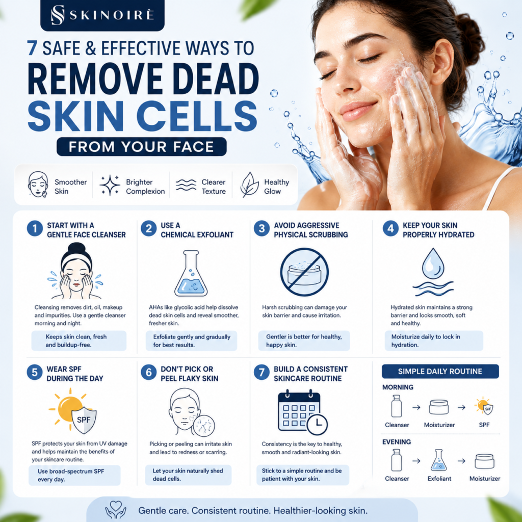 7 safe and effective ways to remove dead skin cells from your face, including gentle cleansing, exfoliation, hydration, and SPF