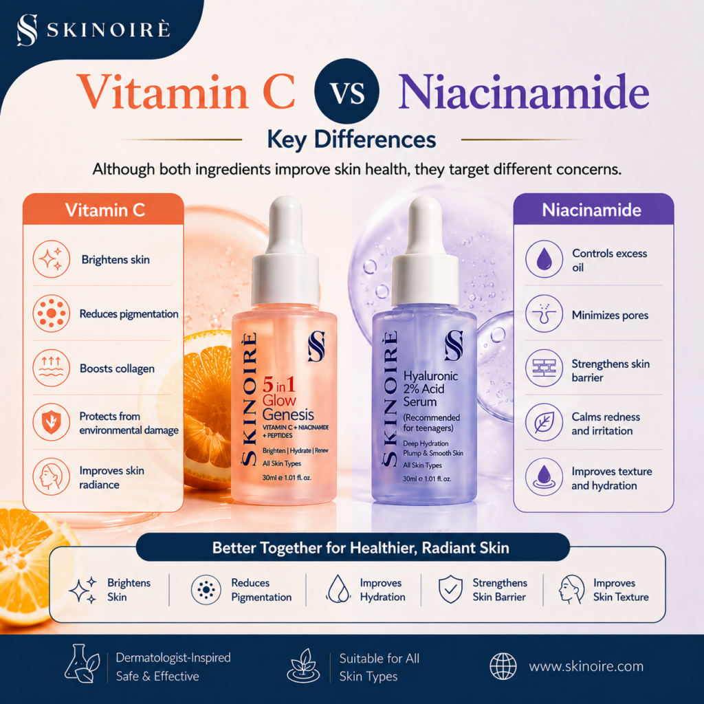 SKINOIRÈ Vitamin C vs Niacinamide key differences infographic with Glow Genesis and Hyaluronic 2% Acid Serum.